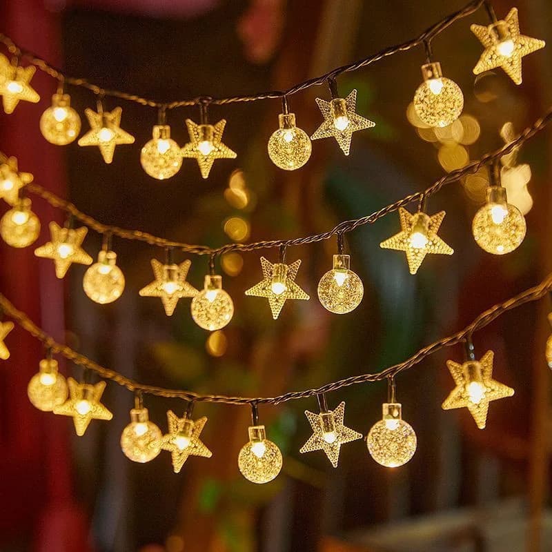 Solar-Lichterkette mit Kristallkugeln und Sternen, Warmweiß & Multicolor