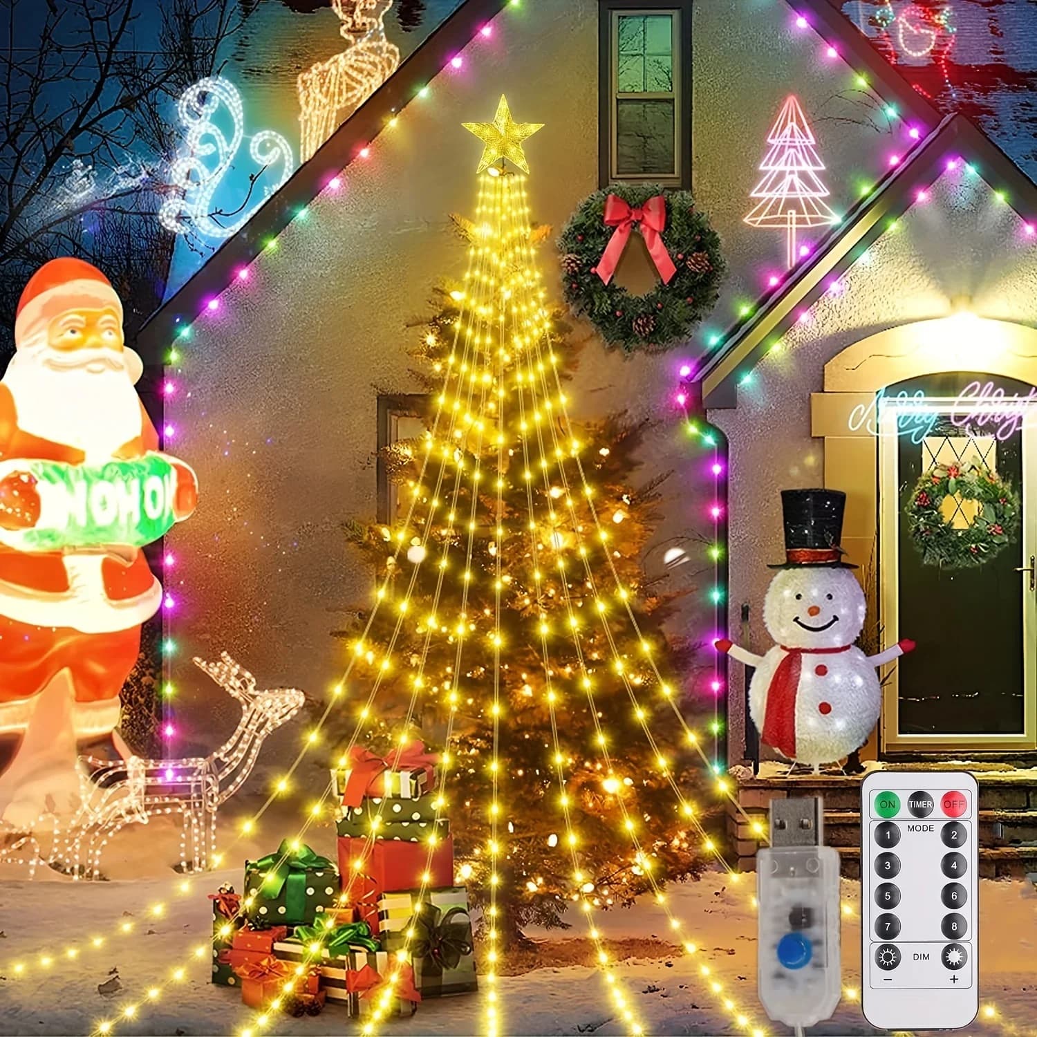 USB-Wasserfall-Lichterkette, Warmweiß und Farbige LED-Dekoration