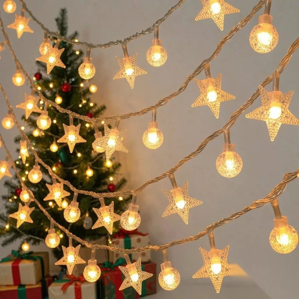 Solar-Lichterkette mit Kristallkugeln und Sternen, Warmweiß & Multicolor