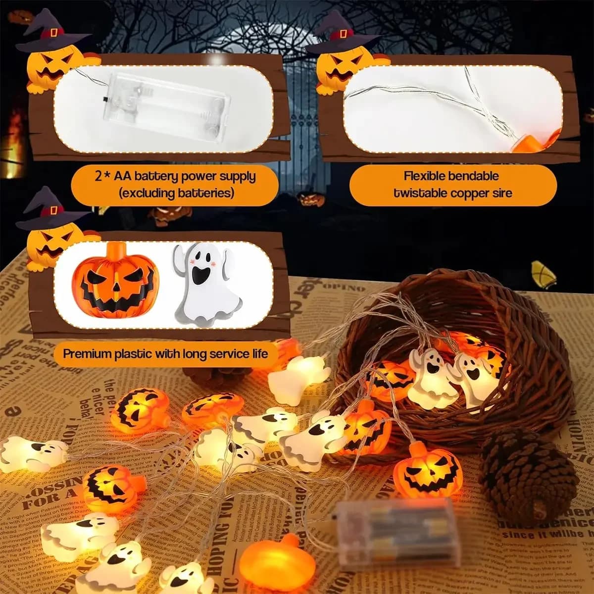 Batteriebetriebene Geister- und Kürbis-Halloween LED String Lights
