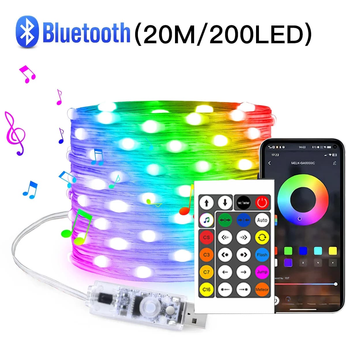 20M RGBIC Bluetooth LED-Lichterkette, USB