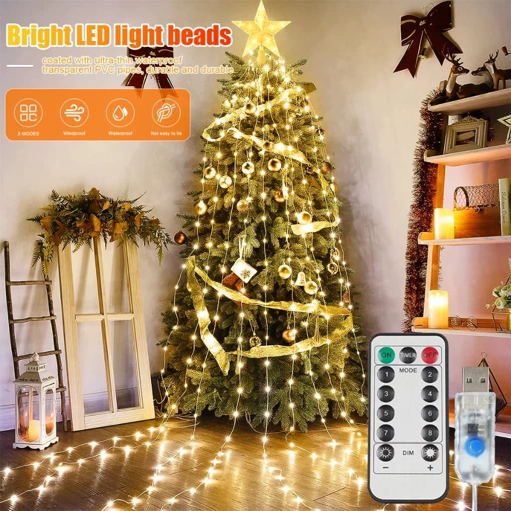 USB-Wasserfall-Lichterkette, Warmweiß und Farbige LED-Dekoration