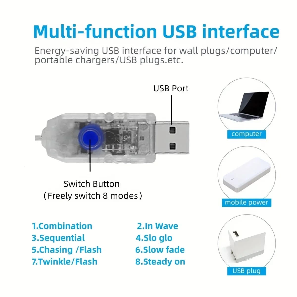 USB-LED-Wasserfall-Lichterkette, Warmweiß und Bunt