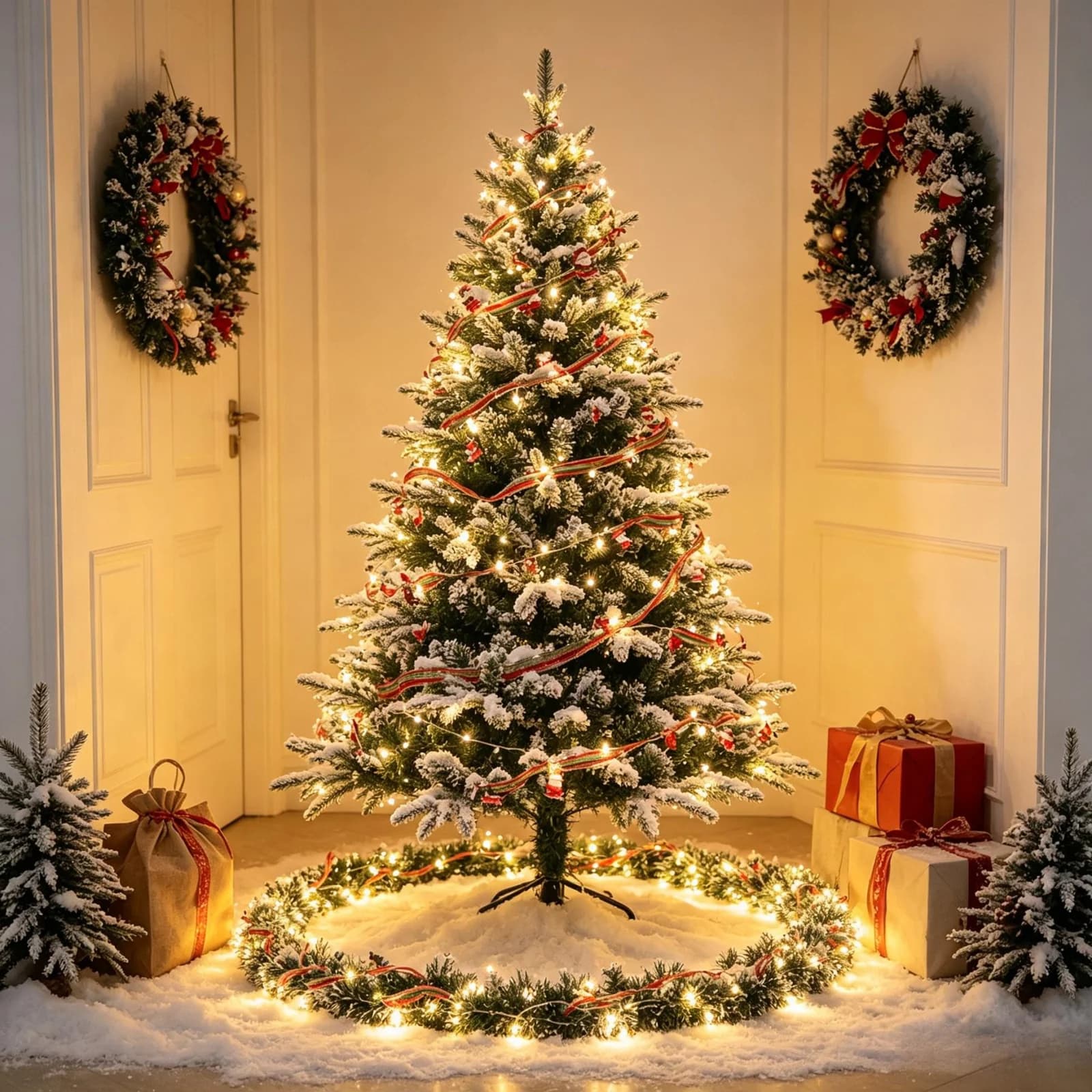Warmweiße LED Lichterkette mit Weihnachts-Tannengirlande und Santa Claus